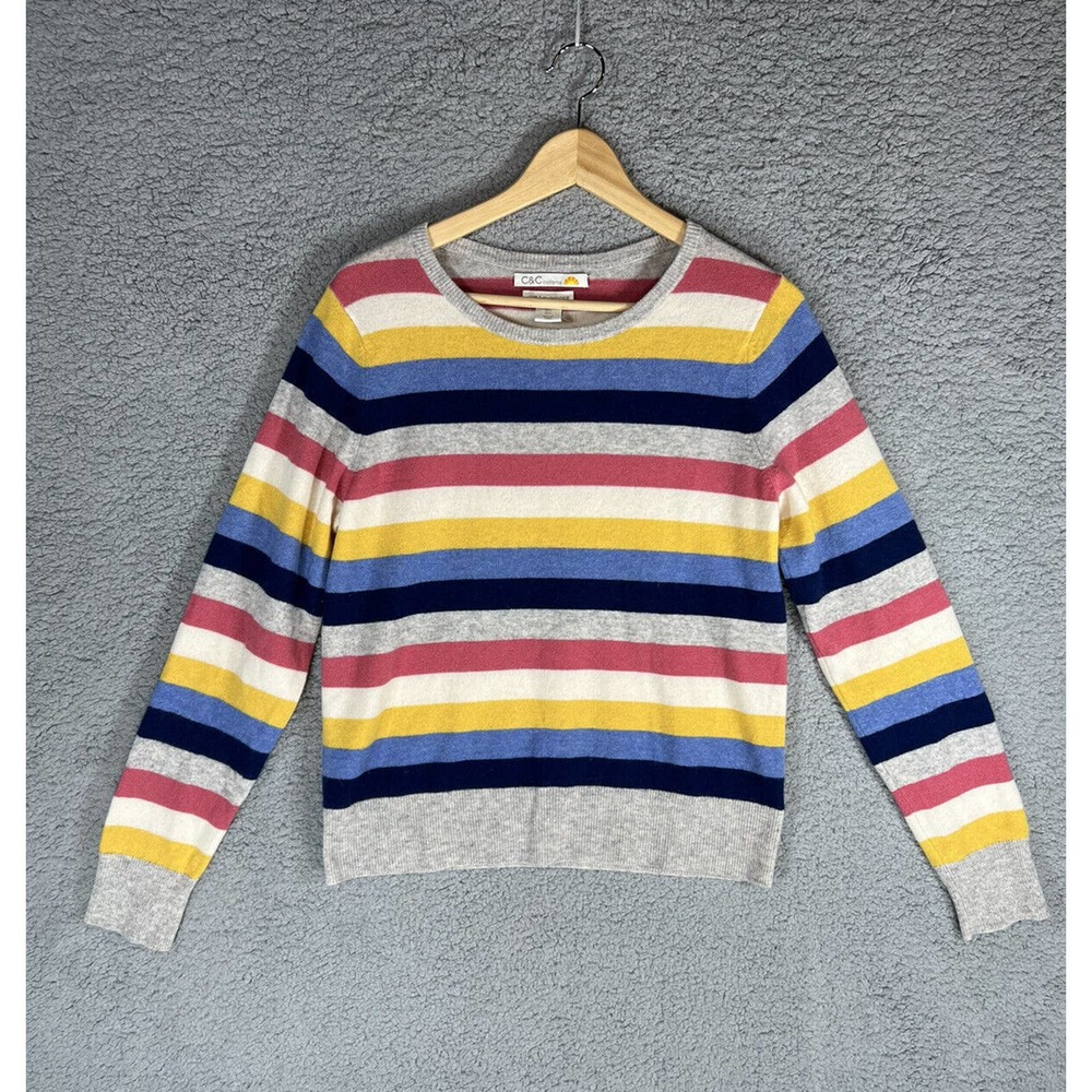 C & C California Sweater Womens Large Multicolored Striped 2 Ply Cashmere Crew